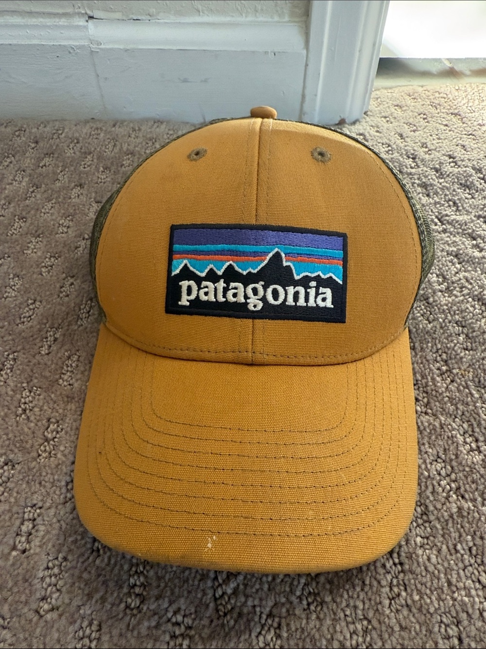 Patagonia Mustard Yellow and Olive Trucker Cap with Mountain Patch